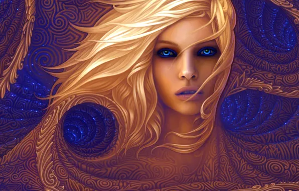 Picture colors, colorful, abstract, girl, long hair, texture, blue eyes, lips, face, blonde, rendering, digital art, …