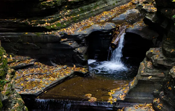 Picture Waterfall, Autumn, Stones, USA, USA, Fall, Foliage, River, Autumn, Waterfall, River, Falling leaves, Ithaca, Ithaca
