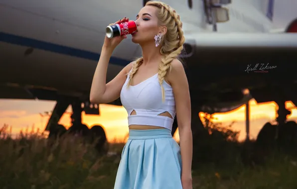 Picture model, the plane, Coca-Cola, braids, jar, Cyril Zakirov, Maria Romanova
