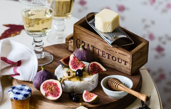 Picture wine, glass, cheese, honey, figs