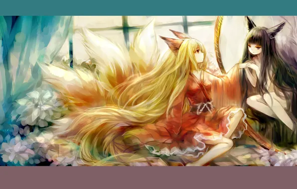 Picture window, red, kimono, ears, long hair, friend, nine-tailed Fox, fox girl