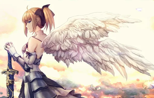 Picture girl, sword, weapon, anime, wings, feathers, purple eyes, angel, warrior, anime girl, Fate/Grand Order, Saber …