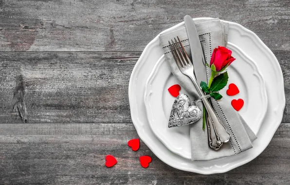 Picture heart, rose, plate, knife, plug, napkin, serving