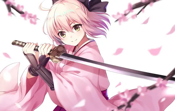 Picture girl, sword, pink, anime, katana, sakura, ken, blade, blonde, warrior, japanese, kimono, bishojo, Fate Grand …
