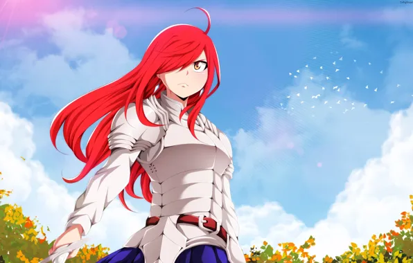 Picture red, game, armor, sky, red hair, anime, cloud, redhead, asian, manga, japanese, Fairy Tail, Ezra …