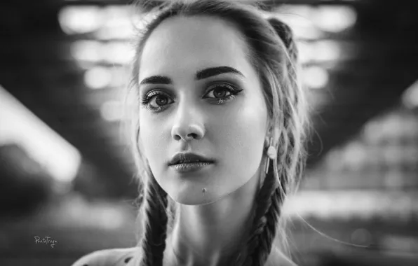 Picture girl, close-up, face, portrait, makeup, hairstyle, black and white, braids, beautiful, bokeh, Patricia, Michael Treutler