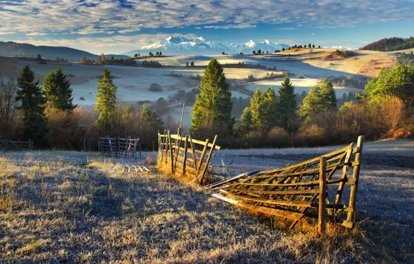 Picture frost, mountains, view, beauty, fence, Sunny morning
