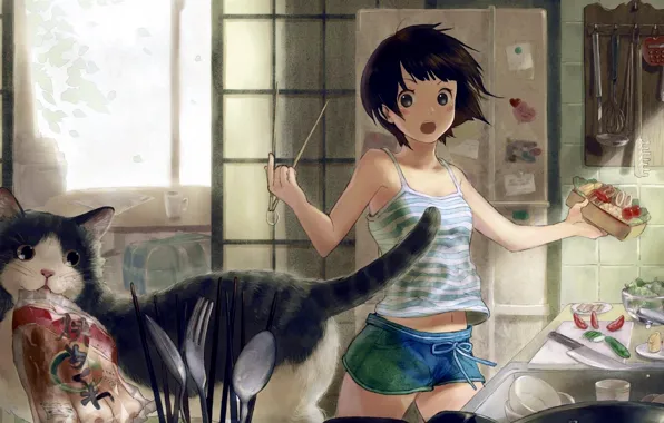 Picture Girl, shorts, anime, food, cat, short hair, animal, brunette, funny, artwork, situation, kitchen, tank top, …