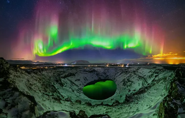 Picture stars, light, night, lights, Northern lights, crater, Iceland, crater lake, Cared, The basin