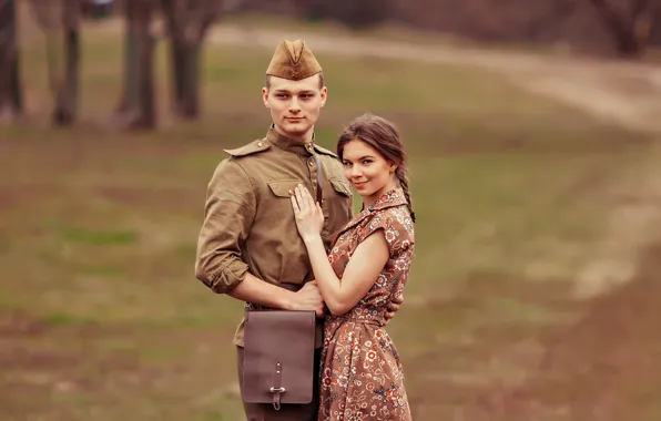 Picture girl, retro, meeting, soldiers, guy, pussy, tunic