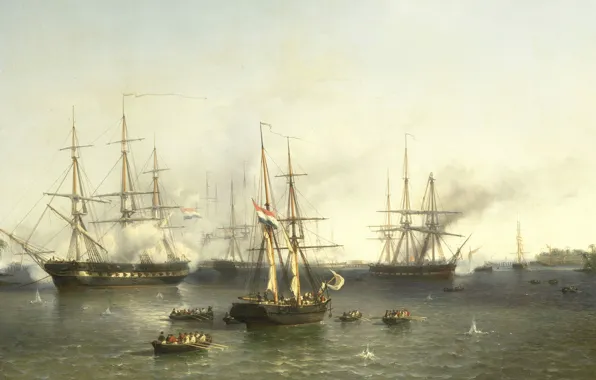 Picture tree, ship, oil, picture, battle, Louis Meyer, The Conquest Of Palembang