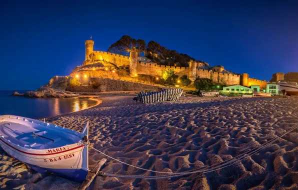 Picture sand, sea, beach, trees, night, lights, wall, coast, boats, lights, panorama, fortress, fishermen, Spain, Catalonia, …