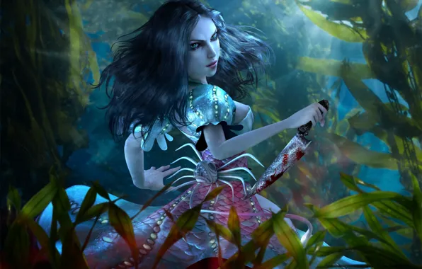 Picture water, girl, dress, knife, under water, ocean, alice, Alice: Madness Returns