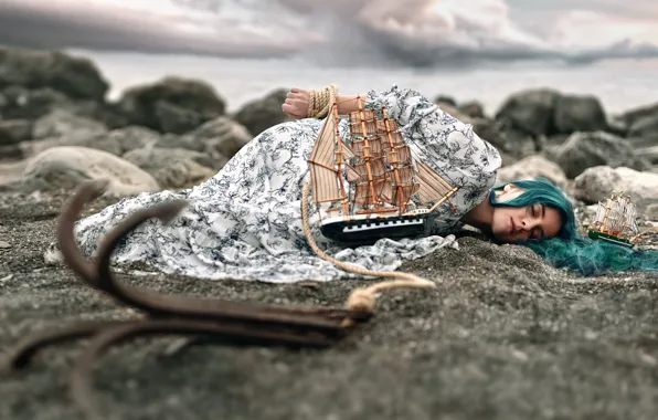 Picture girl, sleep, sailboat, ships, Sasha Ivashchenko