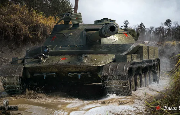 Picture road, forest, water, dirt, tank, Soviet, average, World of Tanks, WOT, Object 907