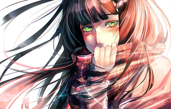 Picture girl, face, the wind, hand, scarf, long hair, tears, barrette, art, green eyes, bangs, Dniseb