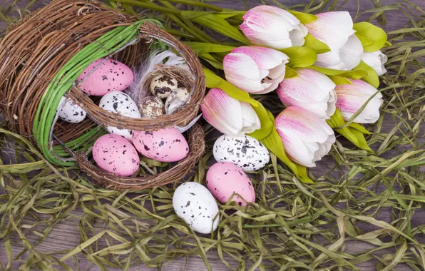 Picture flowers, Easter, tulips, basket, pink, flowers, tulips, spring, Easter, eggs, decoration, Happy, the painted eggs