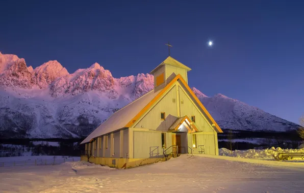 Picture winter, night, Norway, Church, Norway, Troms County, Lakselvbukt, Tromso Kommune