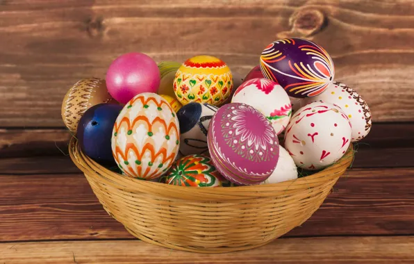 Picture basket, colorful, Easter, wood, spring, Easter, eggs, decoration, Happy, the painted eggs