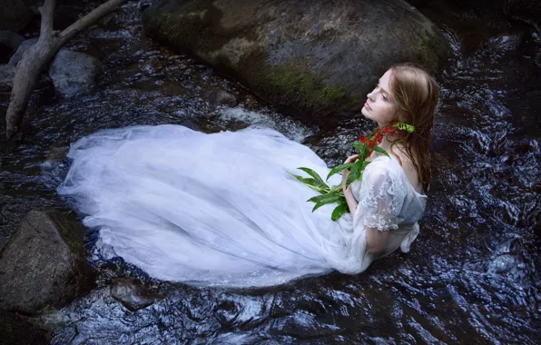 Picture flower, girl, river, mood, the situation, dress