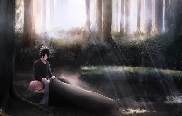Picture forest, Sasuke, Sakura, naruto, art, by Anna