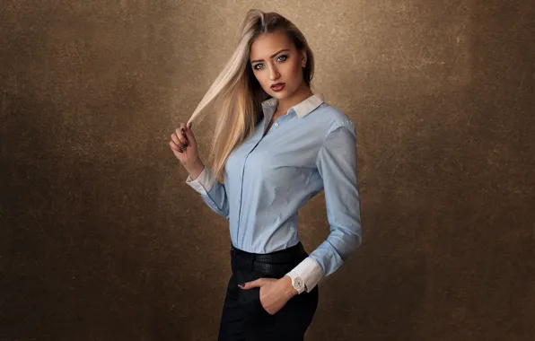 Picture background, model, portrait, makeup, hairstyle, blonde, blouse, is, pants, posing, Lisa, Dmitry Sn