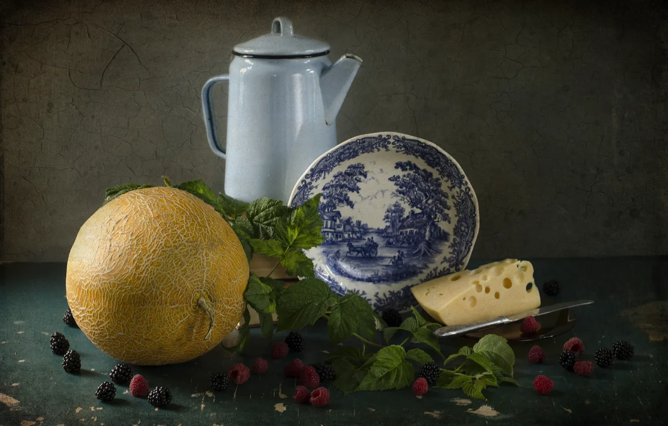 Photo wallpaper leaves, berries, raspberry, branch, cheese, kettle, plate, knife, still life, melon