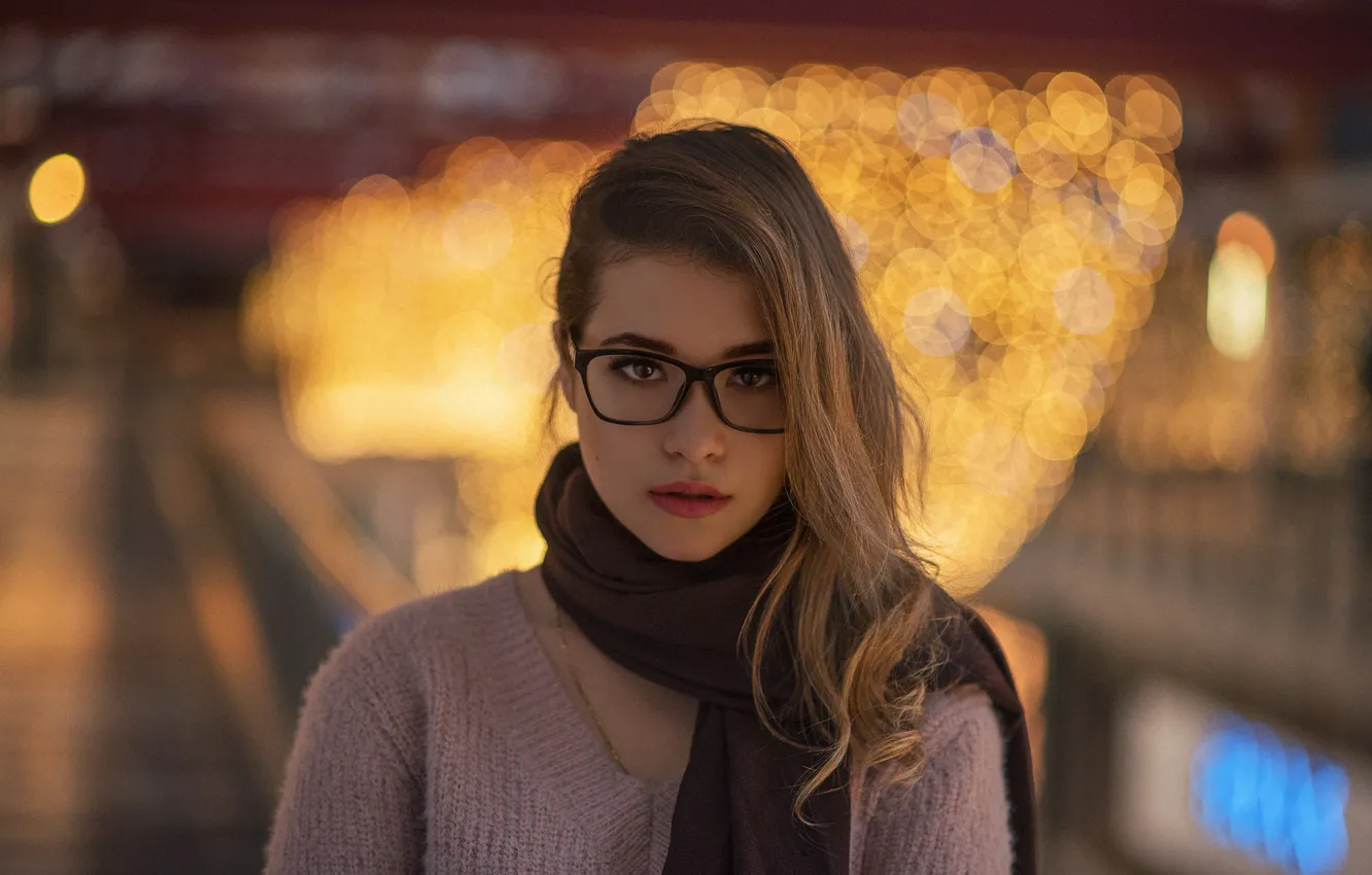 Photo wallpaper look, girl, lights, glare, background, portrait, the evening, makeup, scarf, glasses, hairstyle, beautiful, jacket, bokeh, …