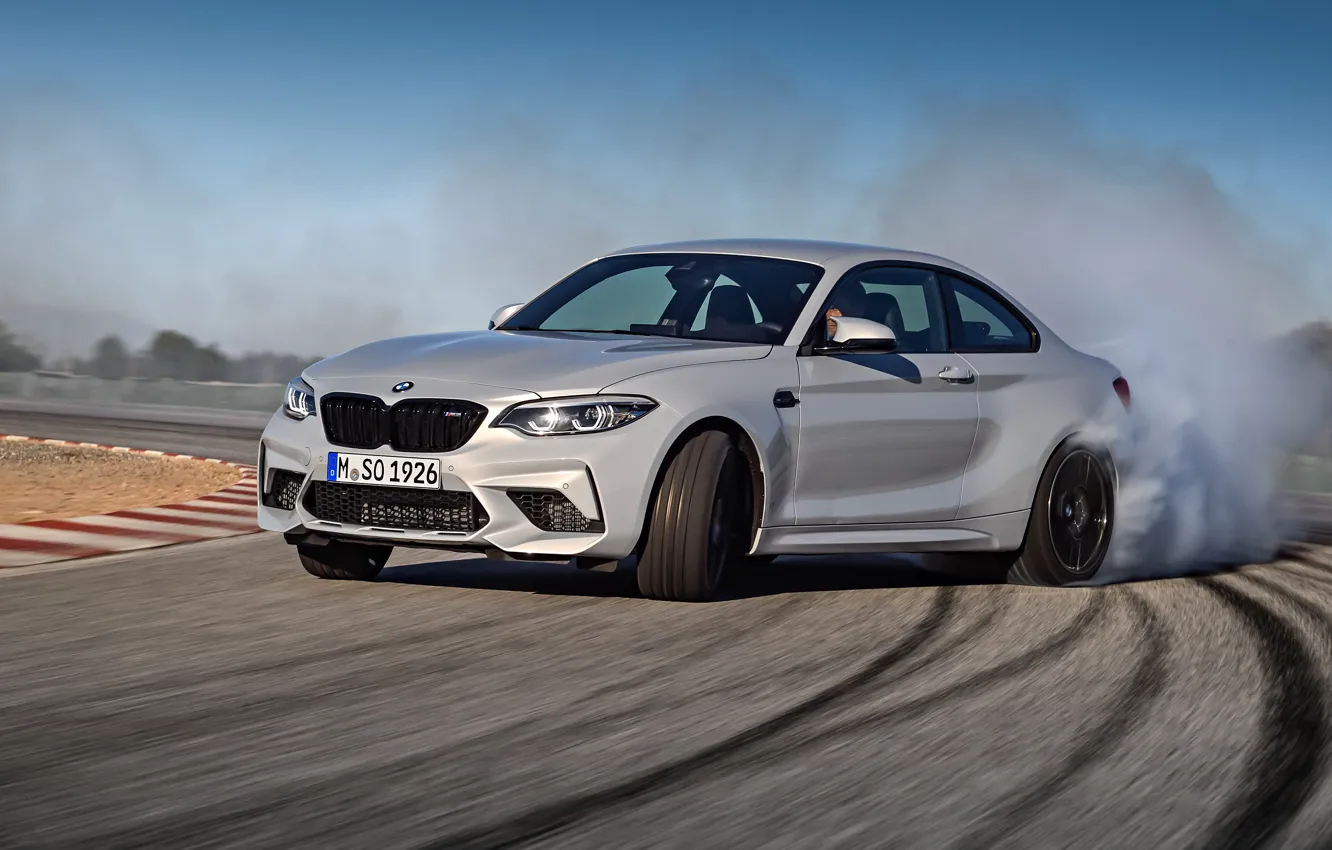 Photo wallpaper smoke, coupe, track, turn, BMW, rubber, 2018, F87, M2, M2 Competition