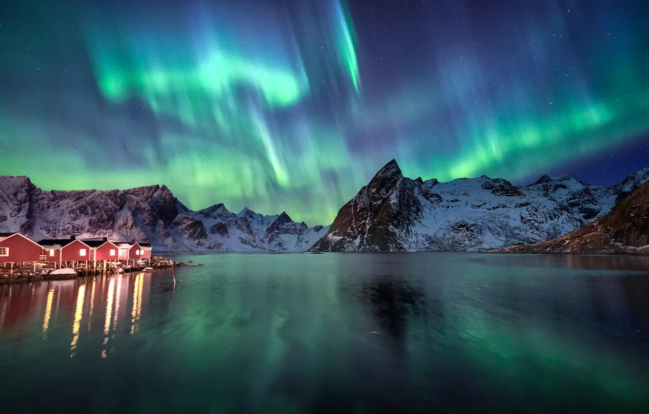 Photo wallpaper night, Northern lights, houses, North, the fjord, The Lofoten Islands