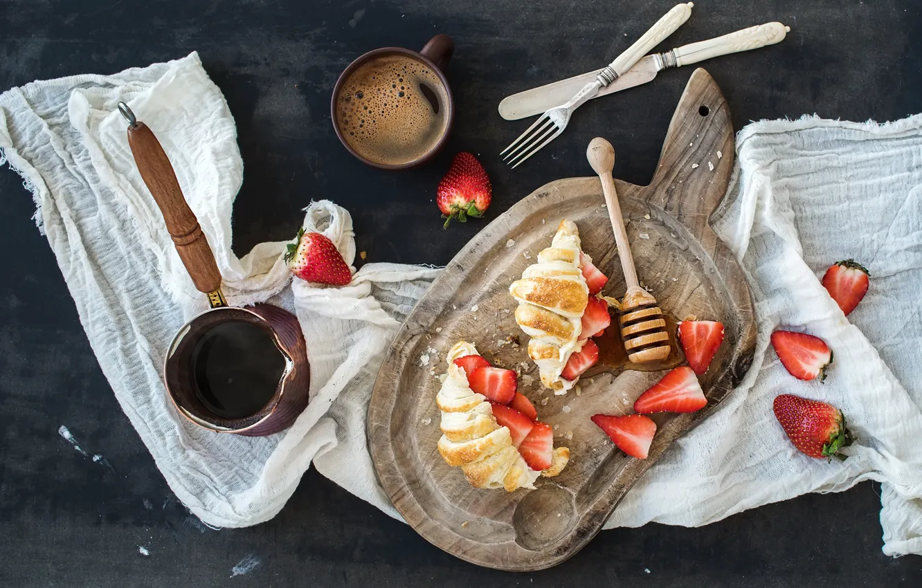 Photo wallpaper berries, coffee, Breakfast, strawberry, Cup, strawberry, coffee, breakfast, croissant, Turk, growing