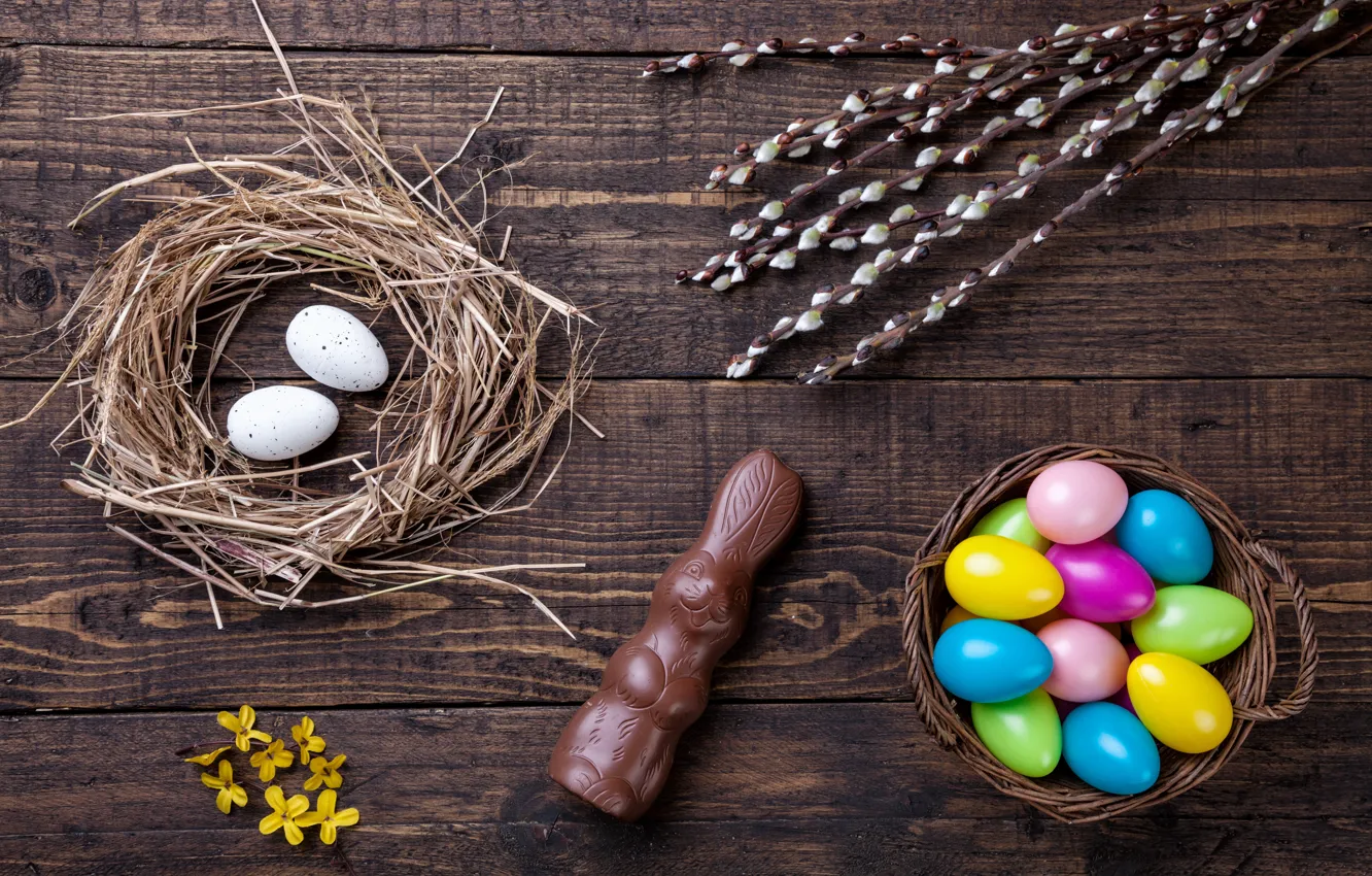 Photo wallpaper chocolate, eggs, colorful, rabbit, candy, Easter, wood, Ver...