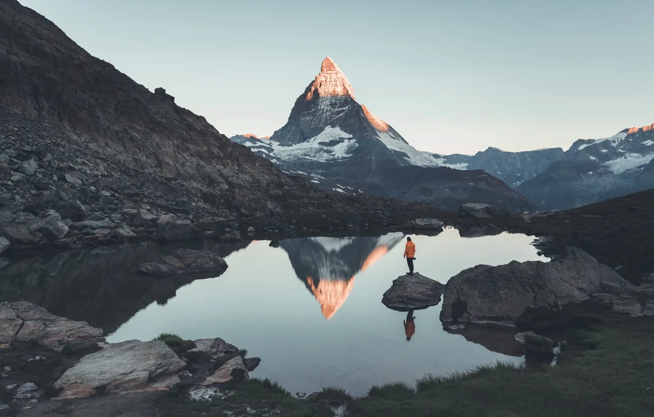 Photo wallpaper mountains, lake, rocks, people, mountain, Switzerland, top, Matterhorn, The Pennine Alps