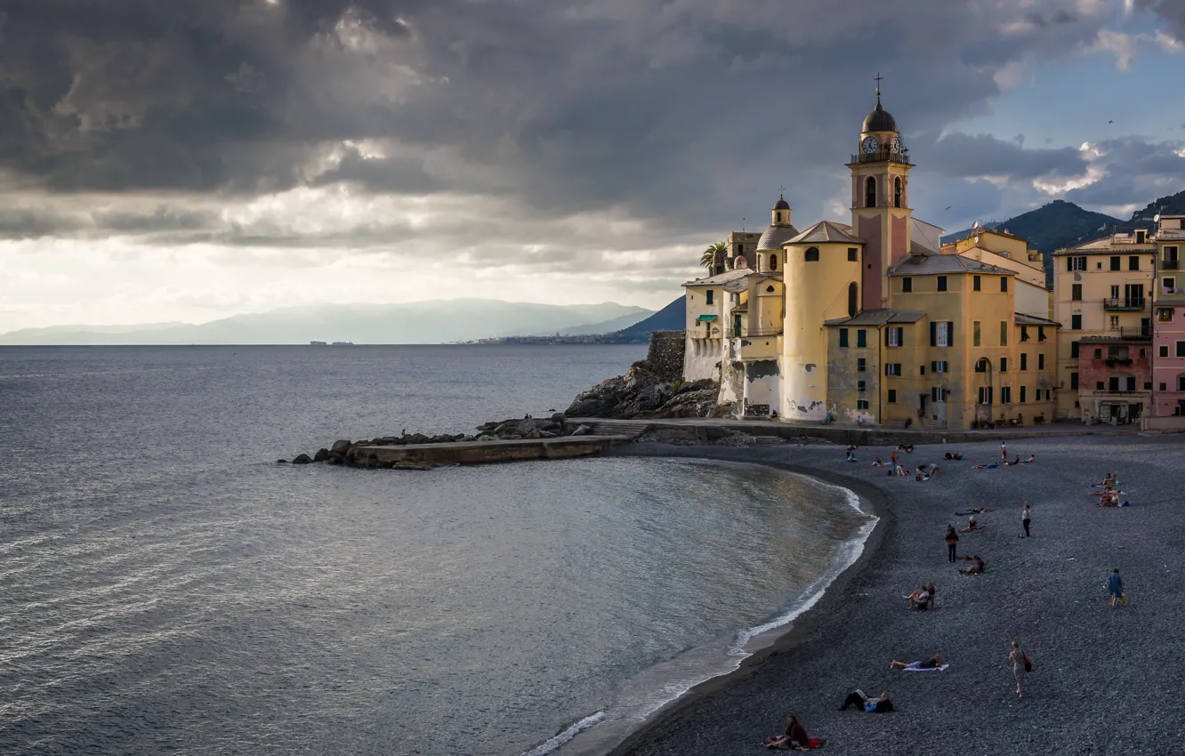 Photo wallpaper sea, beach, shore, Italy, Church, Italy, travel, Camogli, Liguria, basilica
