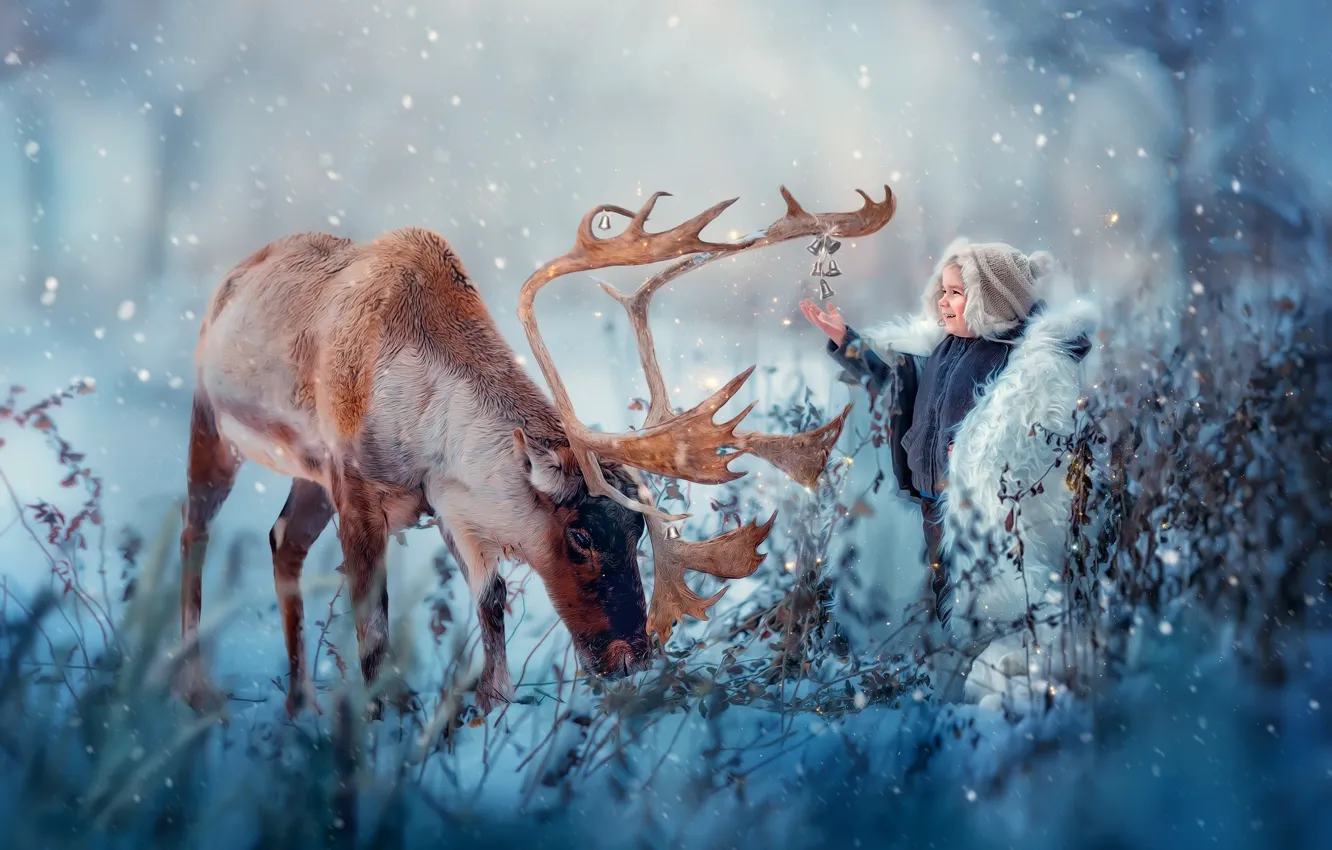 Photo wallpaper winter, snow, joy, nature, animal, boy, deer, bells, child
