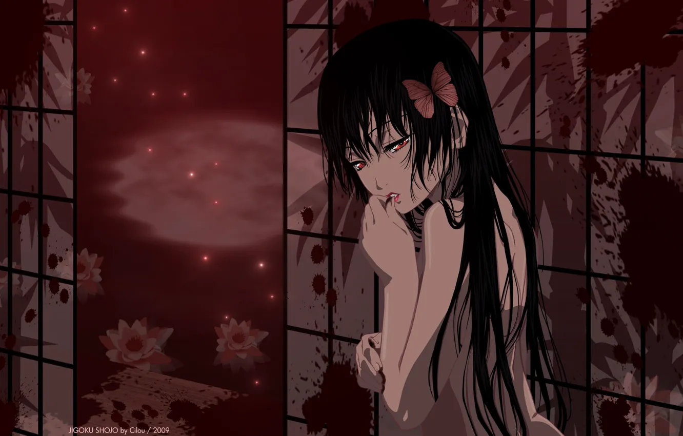 Wallpaper night, loneliness, blood, spot, red eyes, black hair, madness,  Enma Ai, Jigoku Shoujo, Hell girl, hell girl, by Cilou images for desktop,  section сёнэн - download
