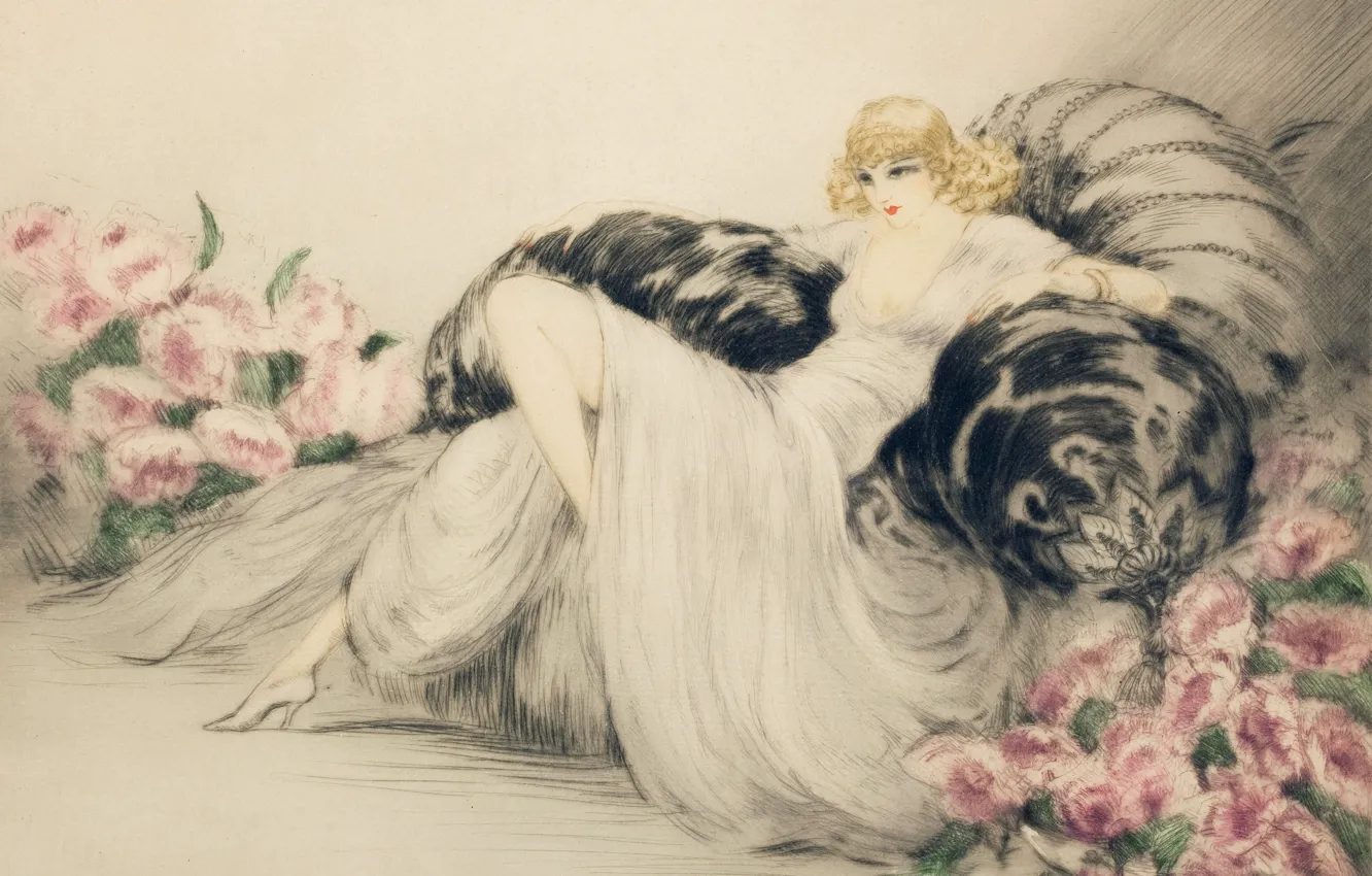 Photo wallpaper 1935, Peonies, Louis Icart, the blonde in the chair