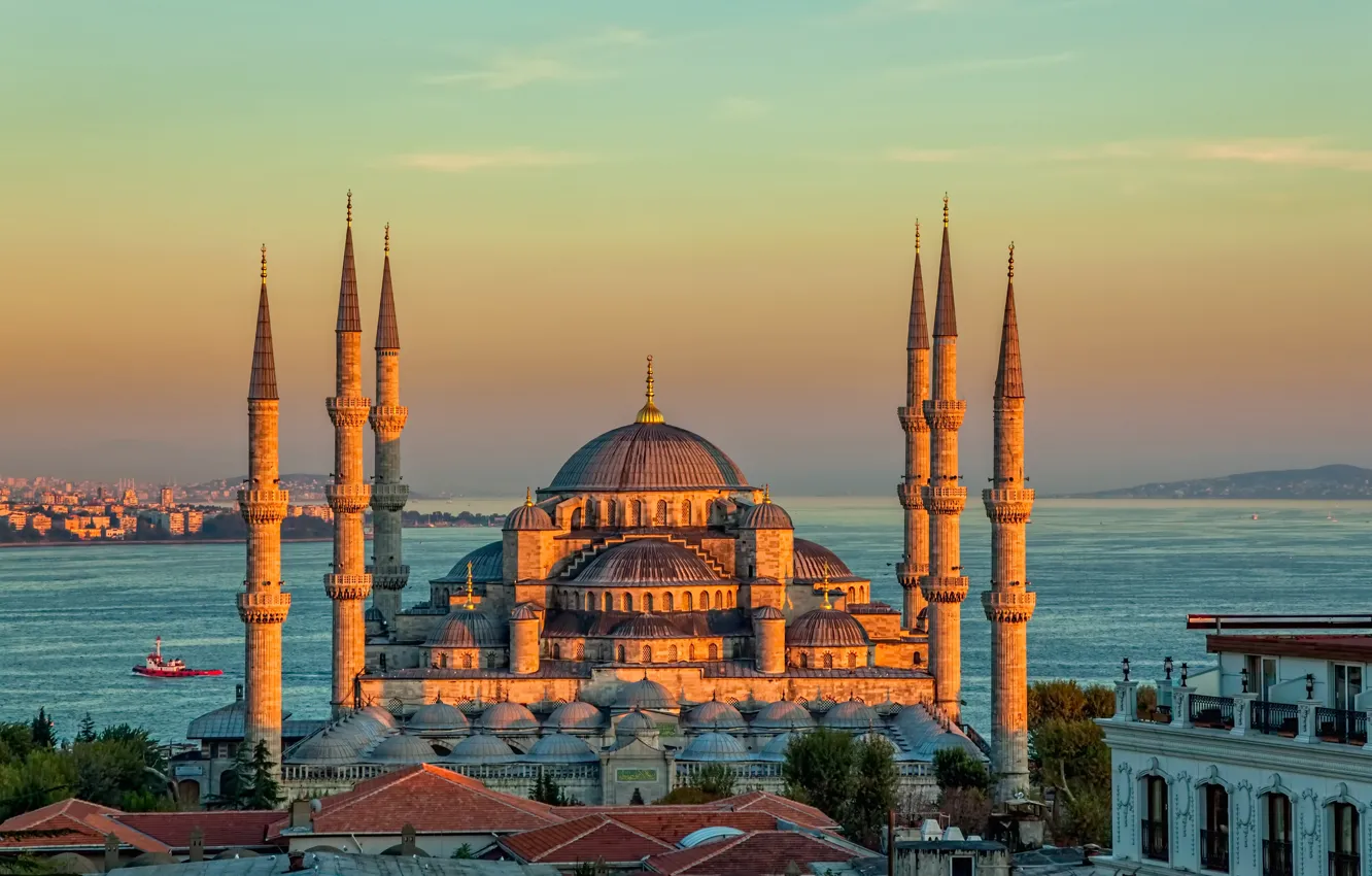 Photo wallpaper landscape, sunset, Strait, tower, temple, Istanbul, Turkey, Palace, The blue mosque, Sultanahmet