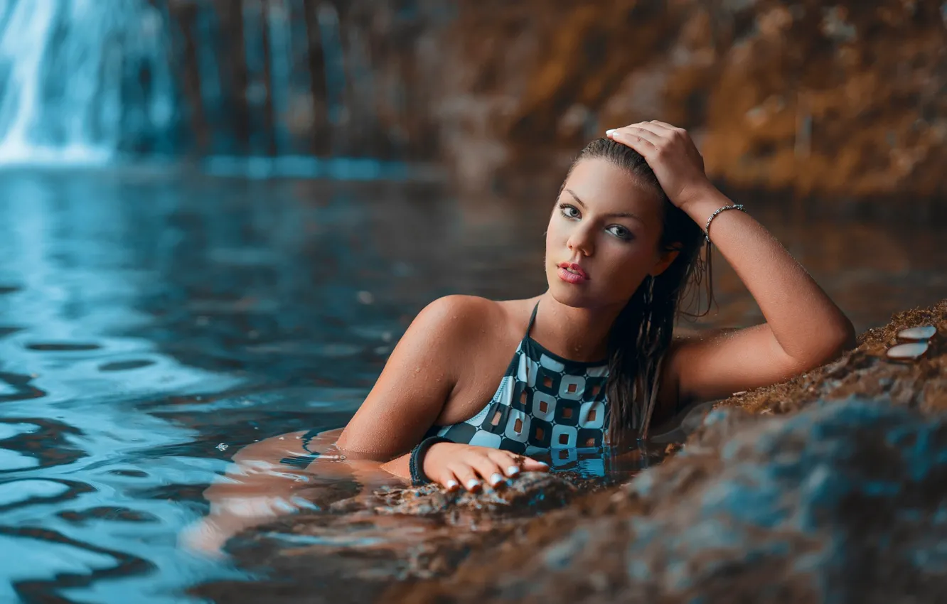 Photo wallpaper swimsuit, water, girl, decoration, stones, waterfall, wet, makeup, brown hair, bracelets, manicure, Angelos Tzitzifopoulos