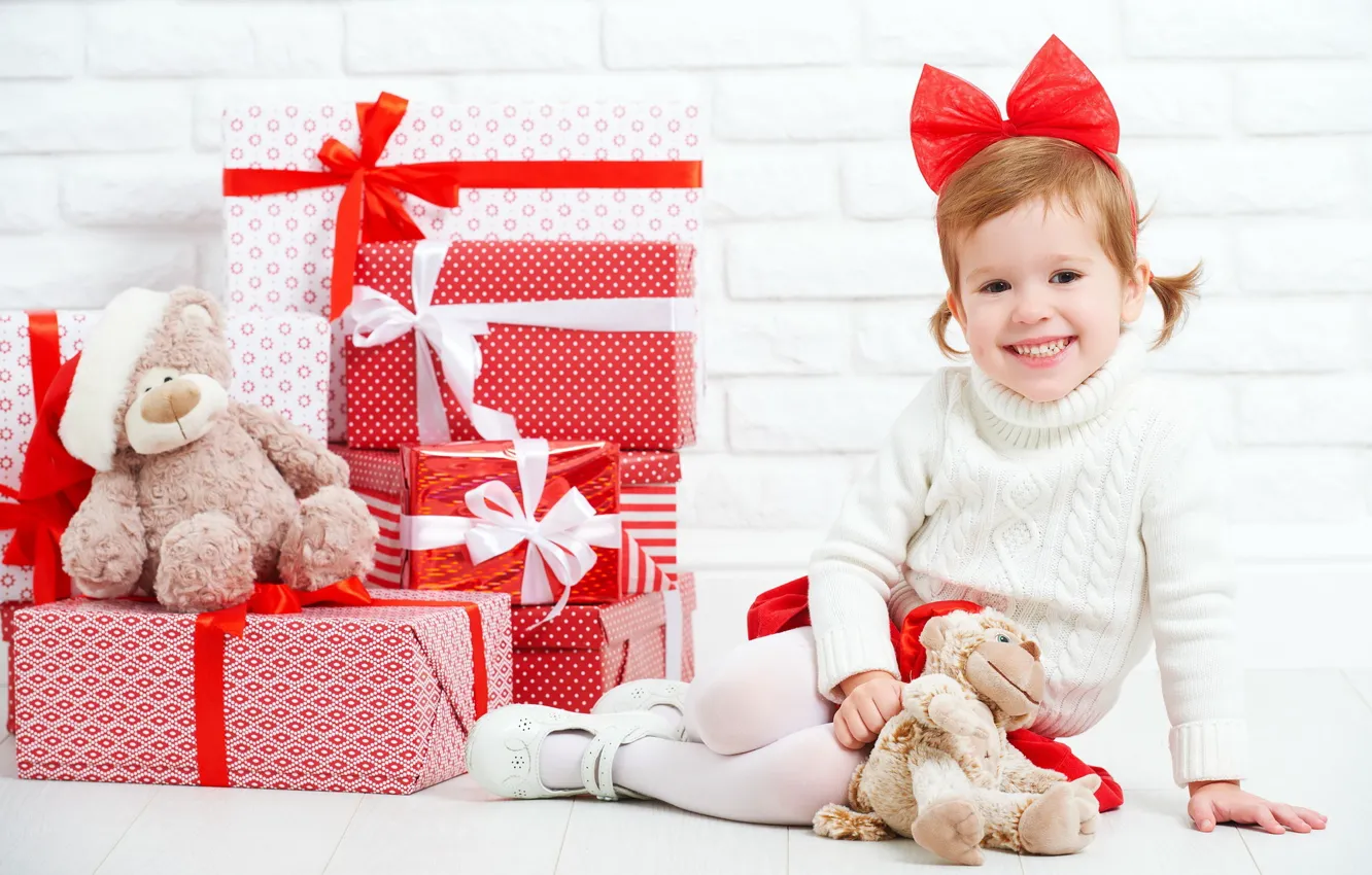 Photo wallpaper joy, holiday, new year, girl, gifts, bow, box