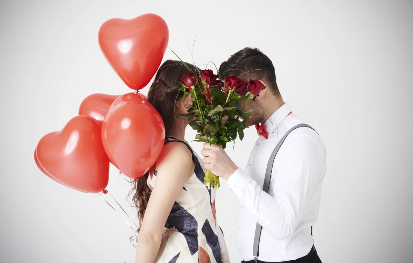 Photo wallpaper girl, flowers, roses, bouquet, pair, hearts, red, white background, guy, lovers, Valentine's day, balloons