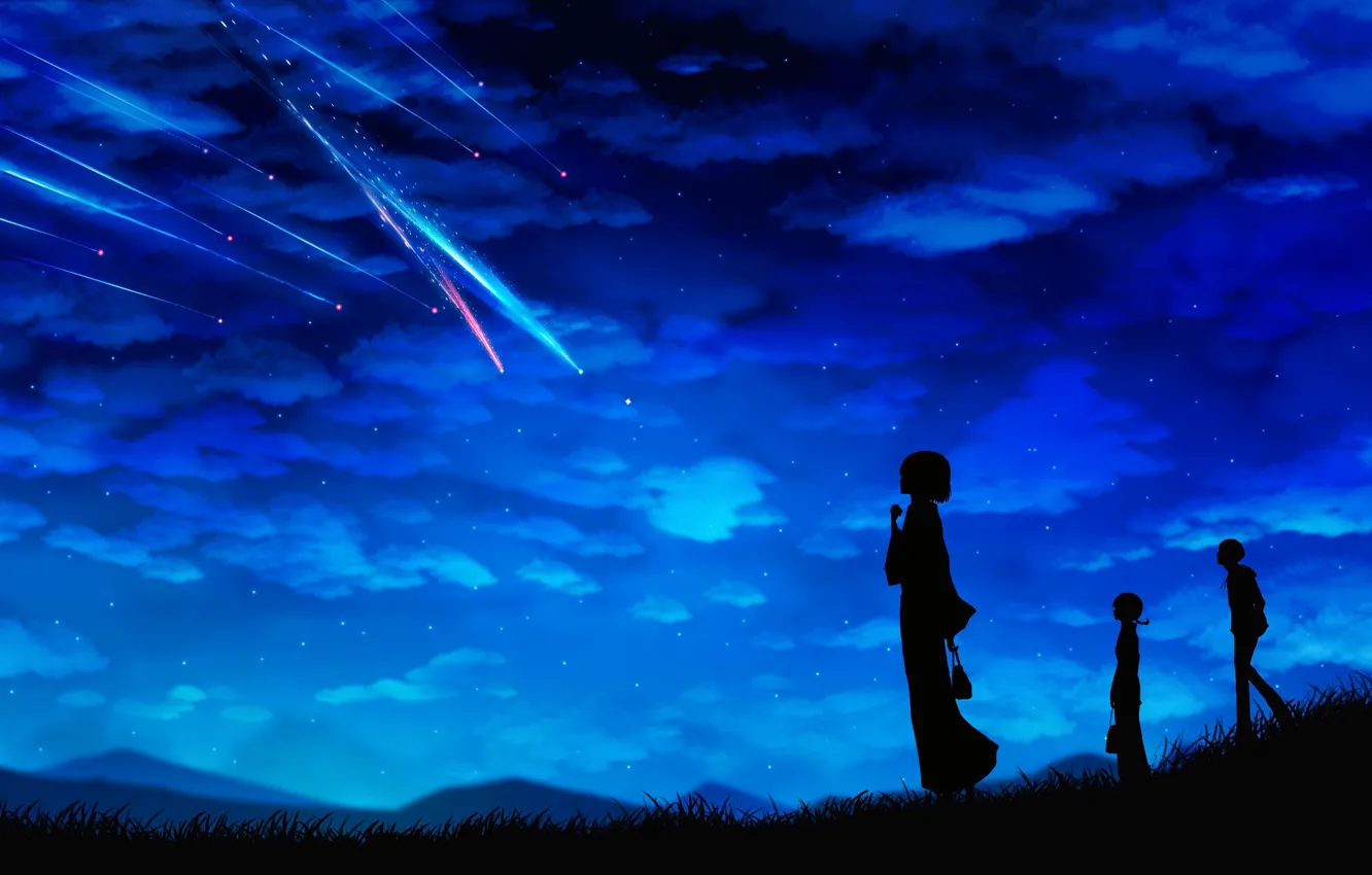 Photo wallpaper the sky, stars, clouds, night, girls, anime, guy, shooting star, Miyuki Harada, miyamizu mitsuha, Kimi …