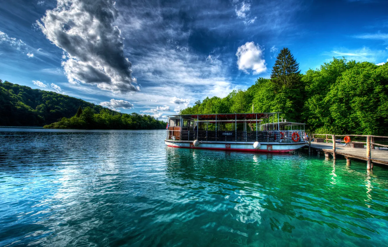 Photo wallpaper greens, forest, the sky, the sun, clouds, trees, lake, HDR, pier, boat, Croatia, Plitvice Lakes …