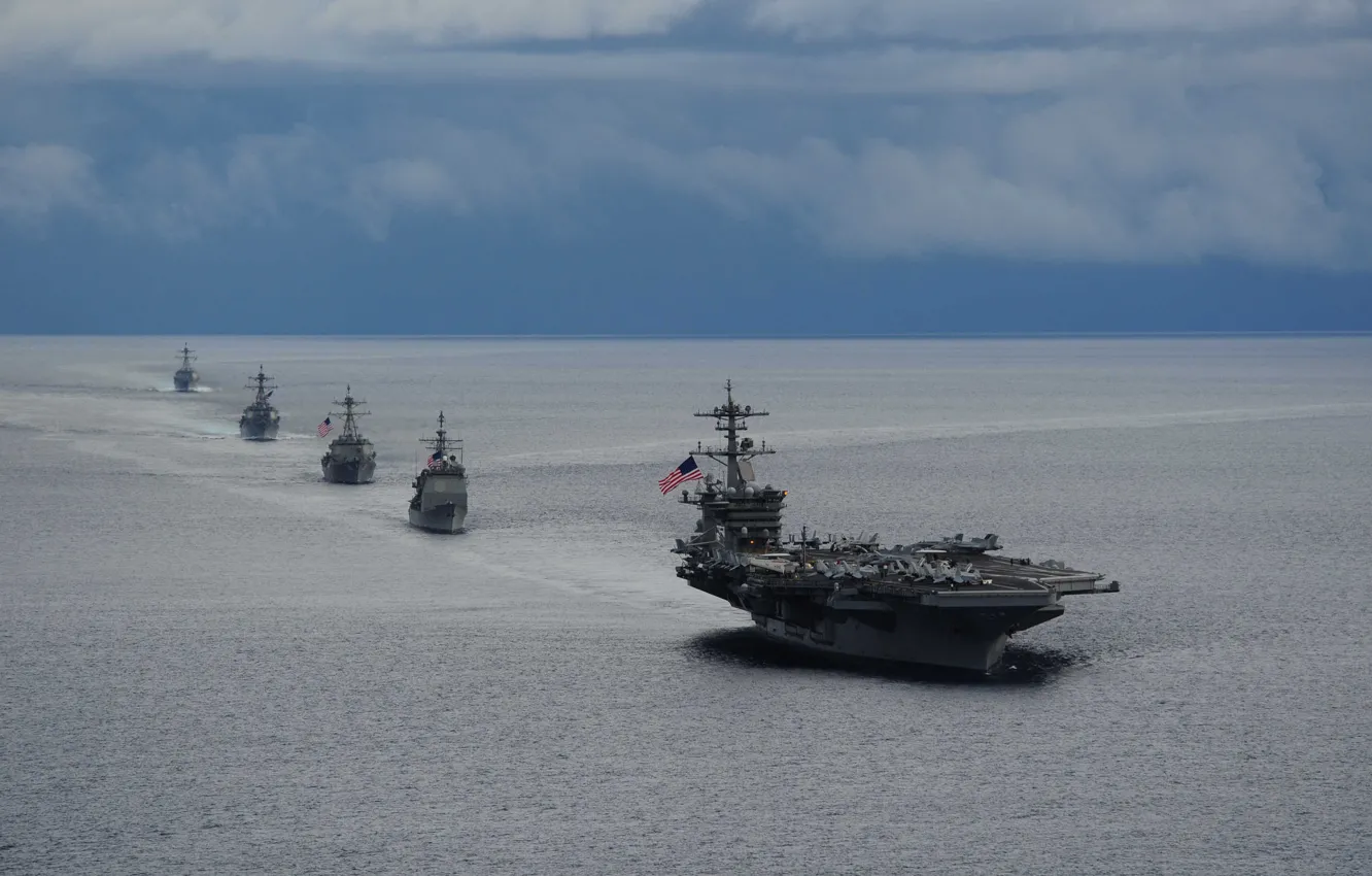 Photo wallpaper sea, ship, the carrier, USA, destroyer, "Arleigh Burke", us aircraft carrier, USS Nimitz (CVN-68)