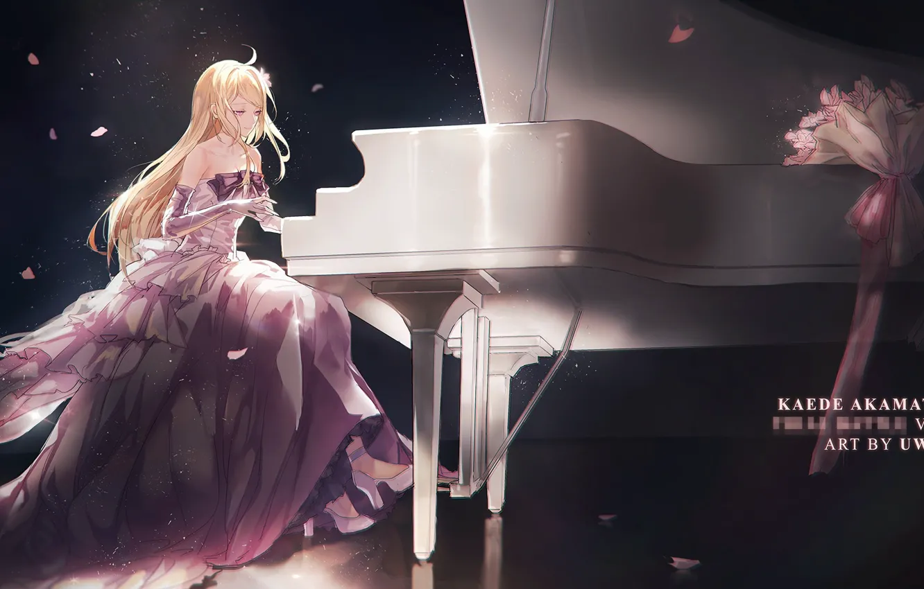 Photo wallpaper girl, anime, Blonde, dress, piano, Danganronpa