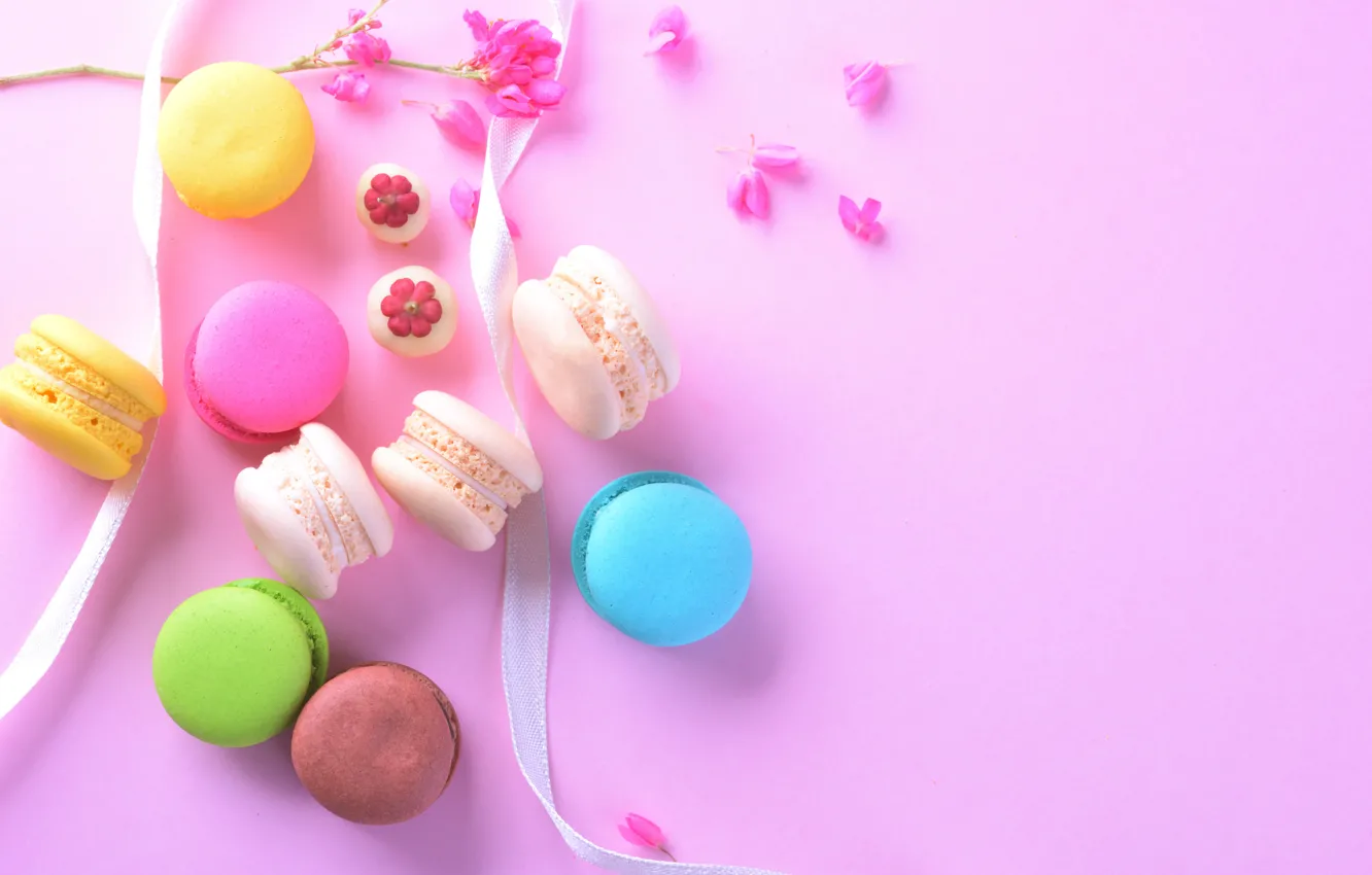 Photo wallpaper flowers, background, pink, petals, colorful, dessert, pink, flowers, cakes, sweet, sweet, dessert, macaroon, french, macaron, …