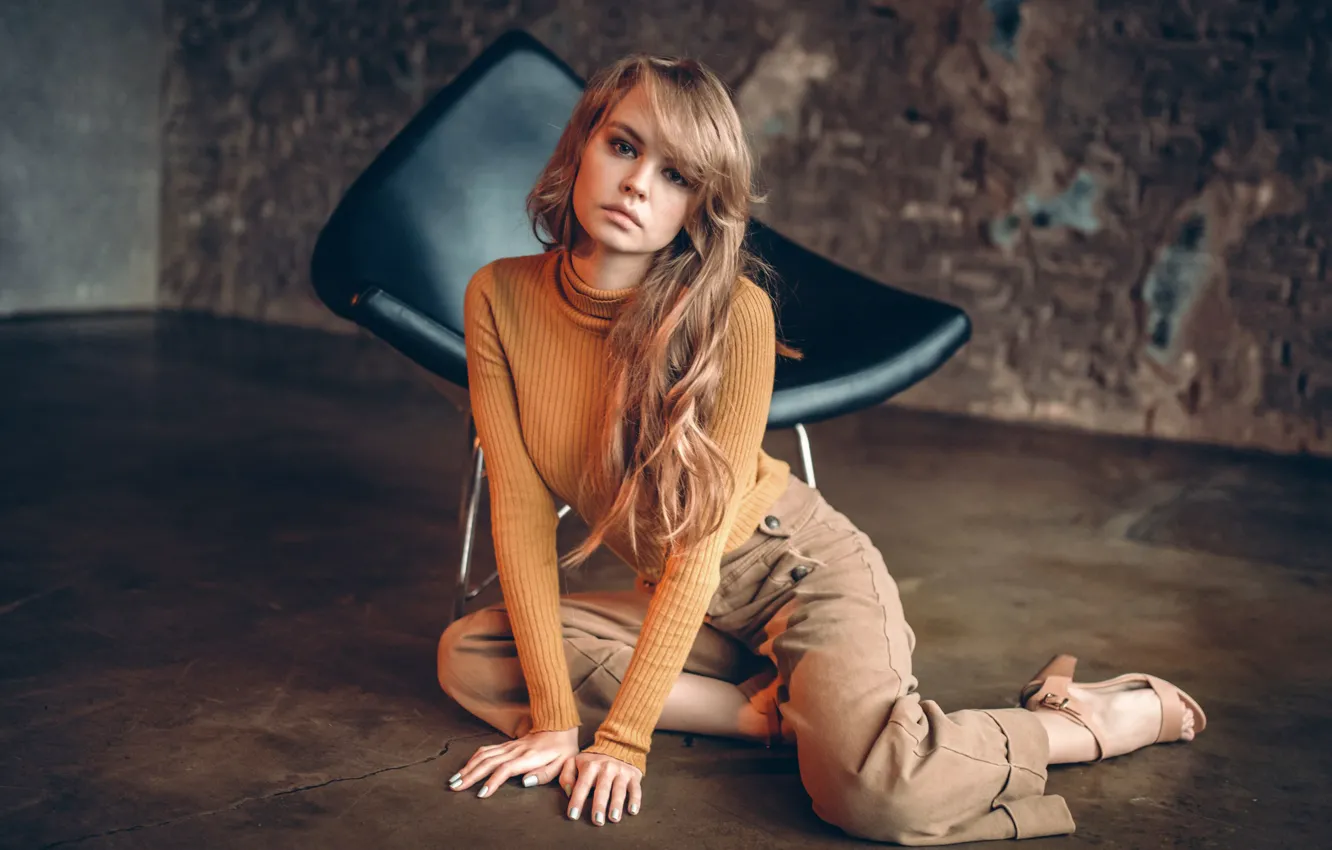 Photo wallpaper look, pose, model, chair, on the floor, Anastasia Shcheglova, Anastasia Shcheglova, Alex Kashechkin