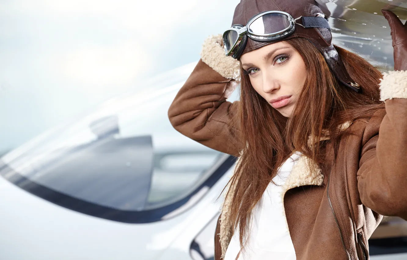 Photo wallpaper look, pose, portrait, makeup, wing, glasses, jacket, hairstyle, gloves, helmet, pilot, brown hair, beauty, the …