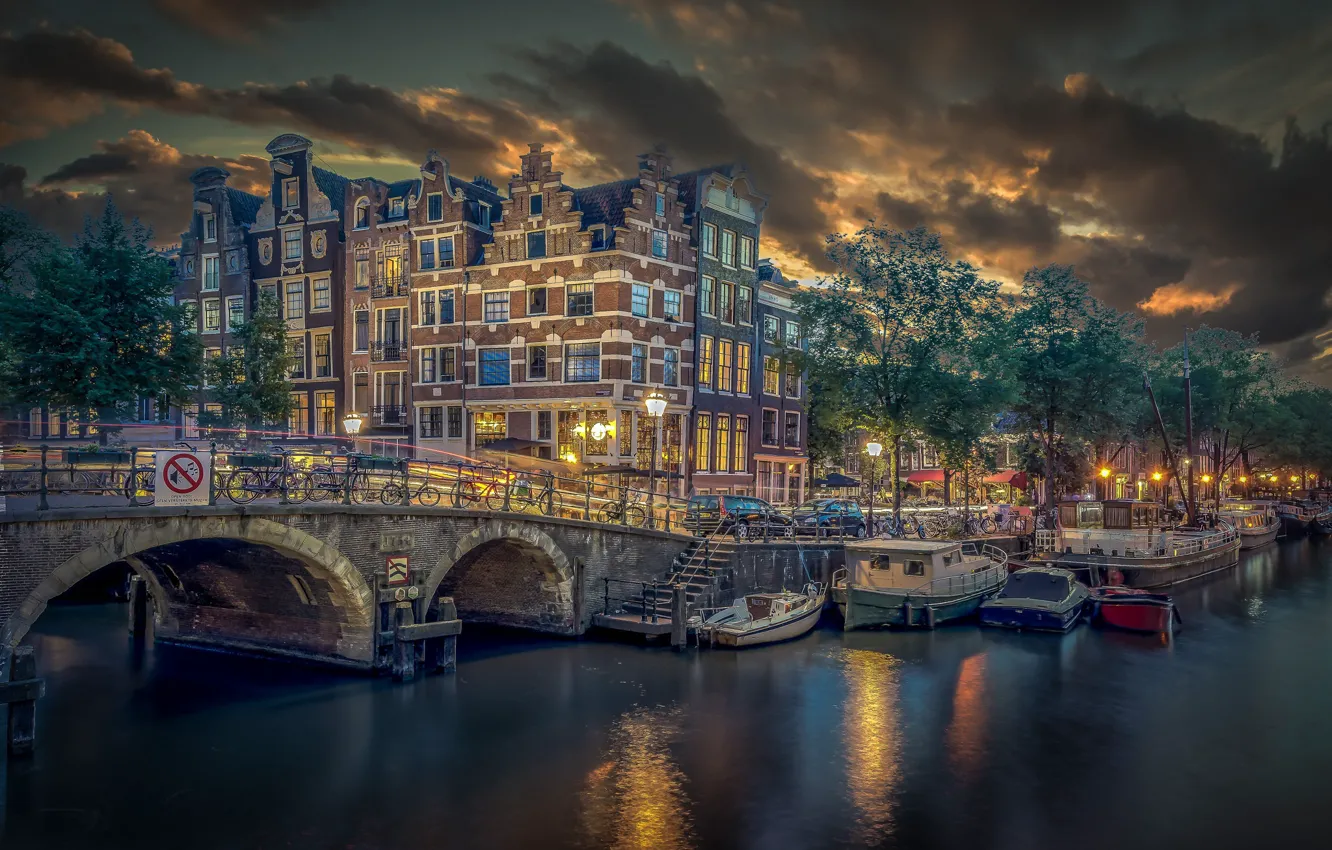 Wallpaper bridge, building, boats, pier, Amsterdam, channel ...