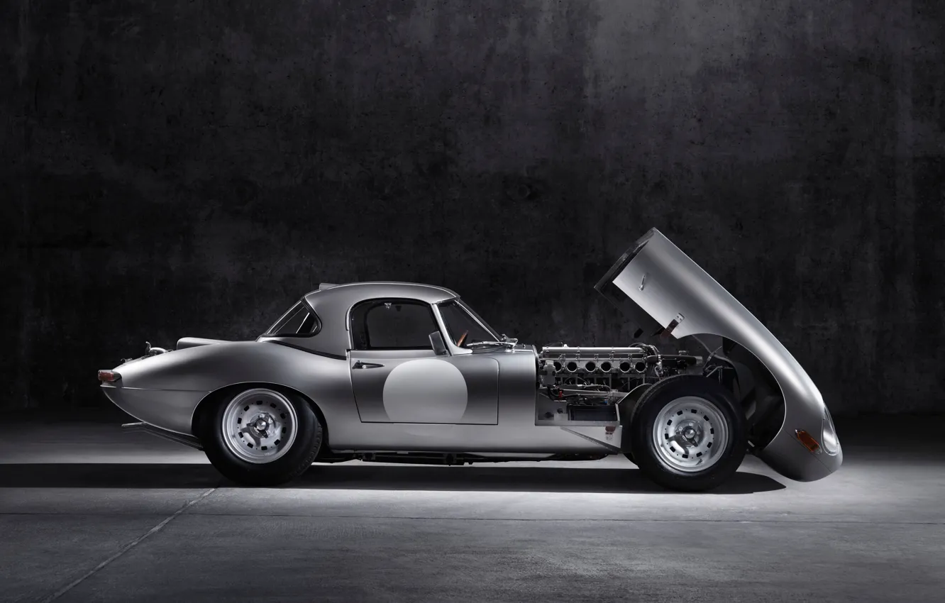 Photo wallpaper grey, engine, Jaguar, the hood, steel, E-Type Lightweight